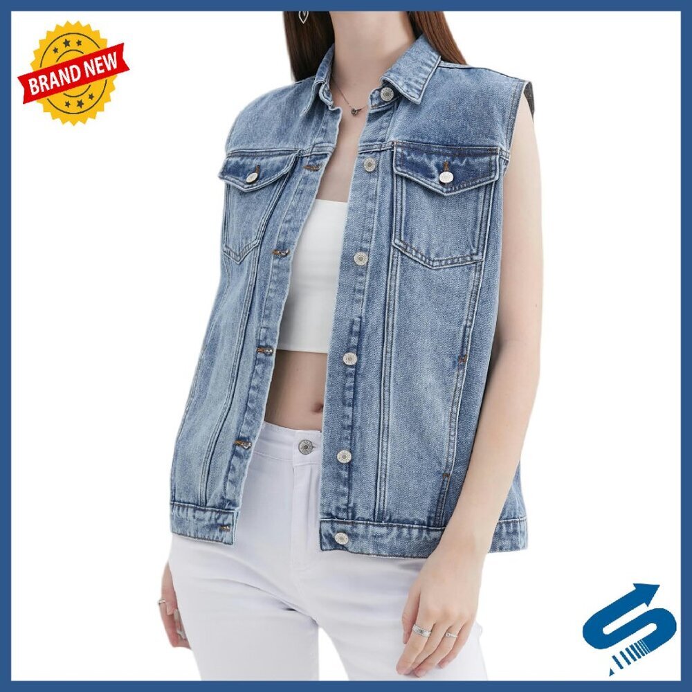 Women's Casual Denim Vest Sleeveless Loose Fit Button Closure Pockets